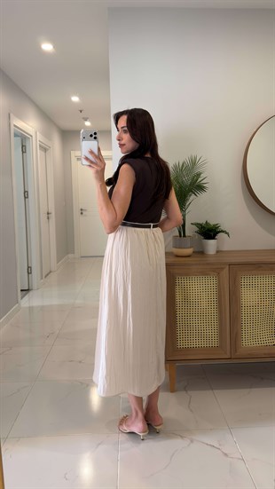 Katrin Kahve Vatkalı Kemer Detaylı Astarlı Elbise