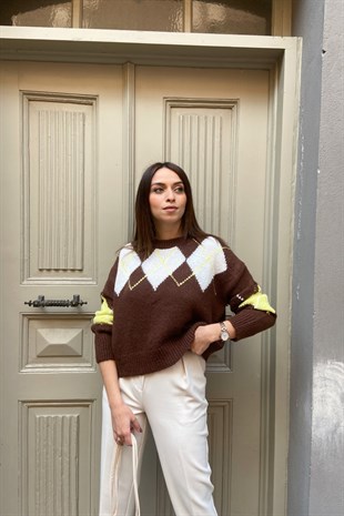 Str Acı Kahve Baklava Desenli Kazak