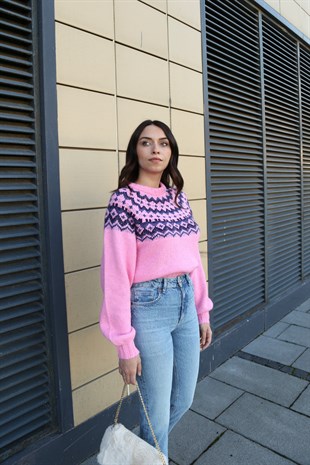 Str Etnik Desenli Pembe Kazak