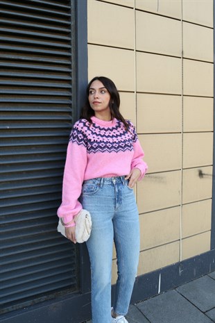 Str Etnik Desenli Pembe Kazak