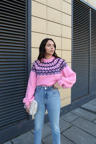 Str Etnik Desenli Pembe Kazak