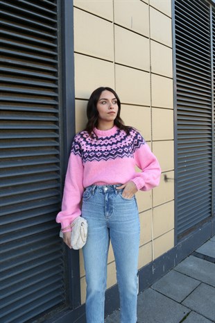 Str Etnik Desenli Pembe Kazak