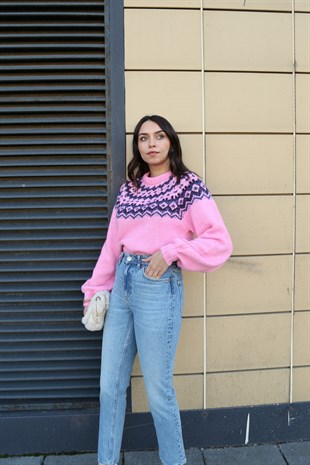 Str Etnik Desenli Pembe Kazak