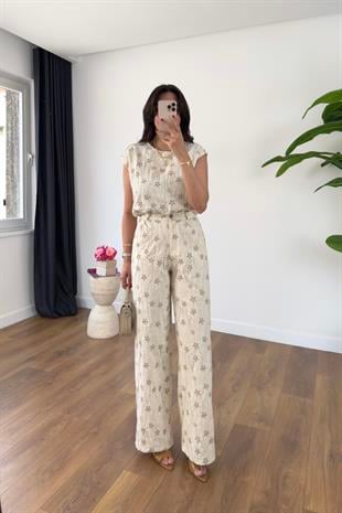 Kelsy Ekru Vizon Nakışlı Bluz Pantolon Takım
