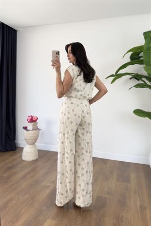 Kelsy Ekru Vizon Nakışlı Bluz Pantolon Takım