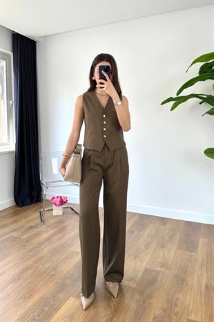 Keniha Haki Gold Düğmeli Yelekli Takım