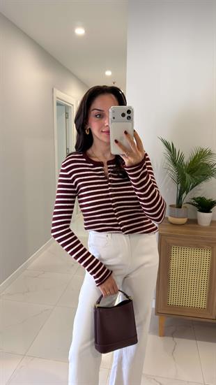Kennad Bordo Krem İnce Şeritli Hırka