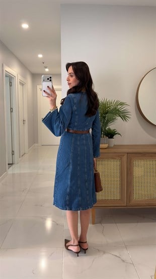Kennzy Mavi Kol Detaylı Düğmeli Denim Elbise