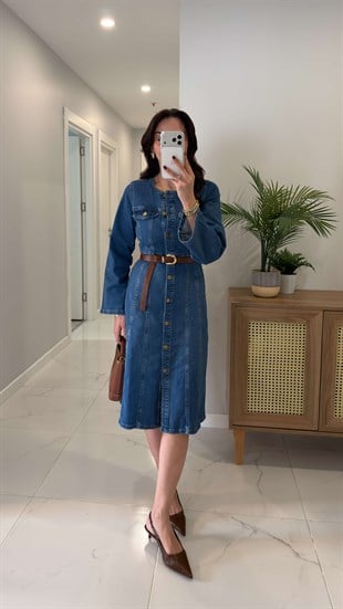 Kennzy Mavi Kol Detaylı Düğmeli Denim Elbise