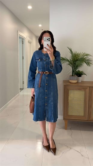 Kennzy Mavi Kol Detaylı Düğmeli Denim Elbise