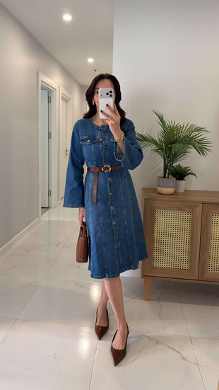 Kennzy Mavi Kol Detaylı Düğmeli Denim Elbise