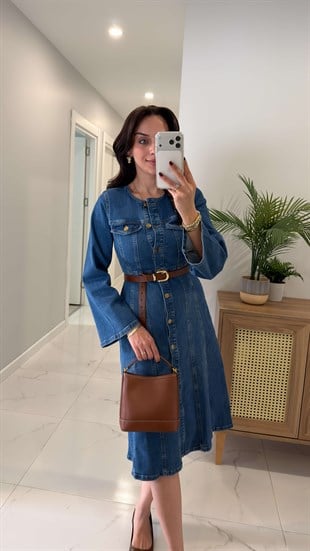 Kennzy Mavi Kol Detaylı Düğmeli Denim Elbise