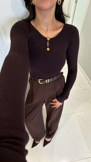 Kenry Kahve Gold Toka Detaylı Bluz