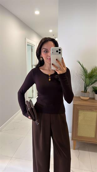 Kenry Kahve Gold Toka Detaylı Bluz