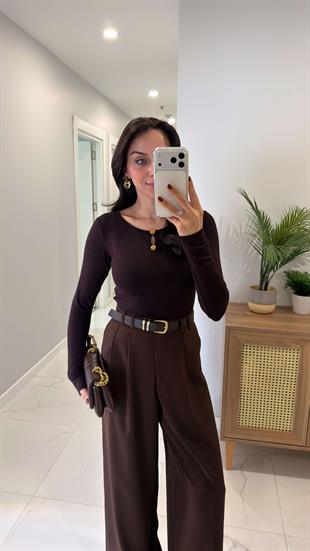 Kenry Kahve Gold Toka Detaylı Bluz