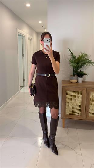 Kensa Kahve Önü Çımalı Etek Ucu Dantel Elbise