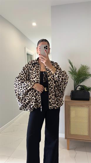 Kerta Leopar Desenli Yarasa Kol Bomber Ceket
