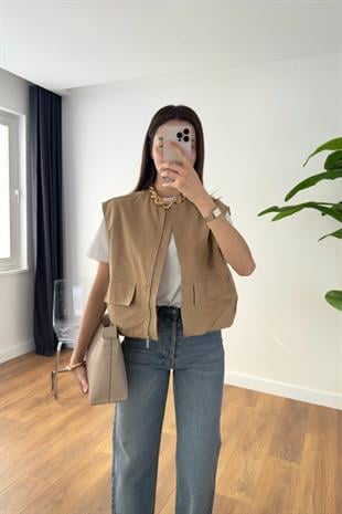 Kesina Camel Fermuarlı Cepli Yelek