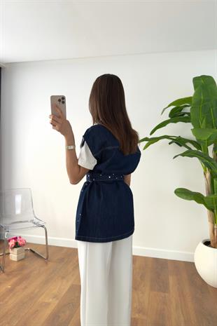 Kesla Lacivert Zımbalı Kuşaklı Denim Yelek