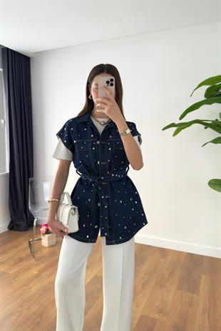 Kesla Lacivert Zımbalı Kuşaklı Denim Yelek