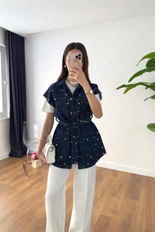 Kesla Lacivert Zımbalı Kuşaklı Denim Yelek