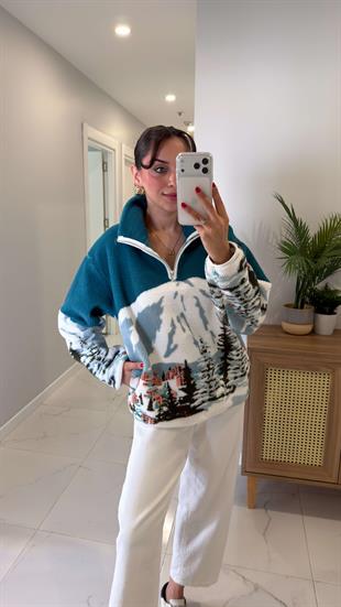 Kesna Ekru Mavi Desenli Peluş Fermuarlı Sweat