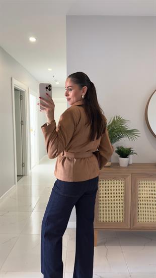 Ketrina Taba Yaka Detaylı Kuşaklı Nubuk Ceket