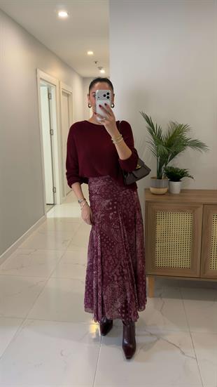 Ketry Bordo Şal Desen Etek