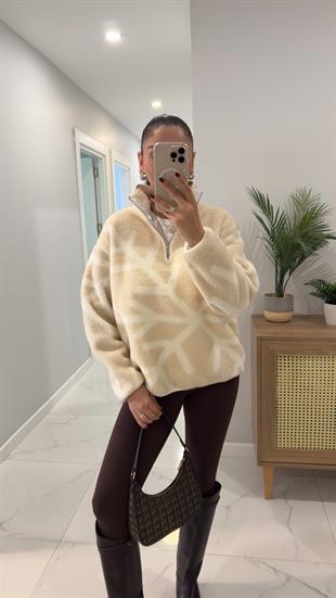 Kewsa Ekru Taş Fermuarlı Polar Swaet