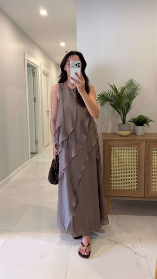Kinda Bronz Fırfır Detaylı Astarlı Kolsuz Elbise