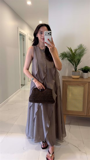 Kinda Bronz Fırfır Detaylı Astarlı Kolsuz Elbise