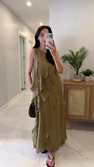 Kinda Olive Fırfır Detaylı Astarlı Kolsuz Elbise