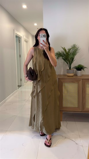 Kinda Olive Fırfır Detaylı Astarlı Kolsuz Elbise