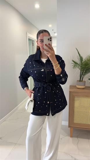 Kirry Dark Blue Zımbalı Kuşaklı Denim Ceket