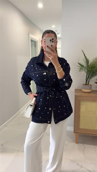 Kirry Dark Blue Zımbalı Kuşaklı Denim Ceket
