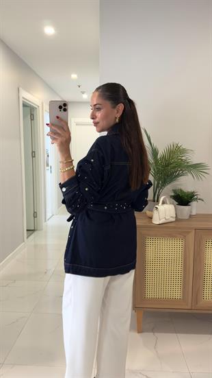 Kirry Dark Blue Zımbalı Kuşaklı Denim Ceket