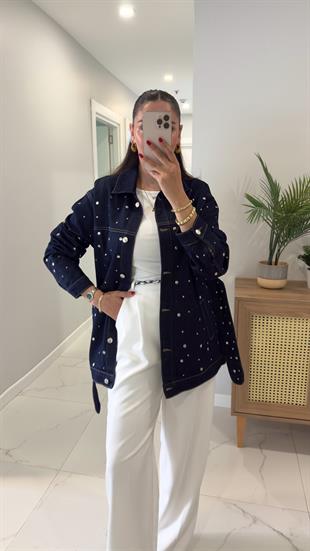 Kirry Dark Blue Zımbalı Kuşaklı Denim Ceket