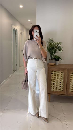 Kitras Ekru Kesik Paça  Wıde Leg Jean