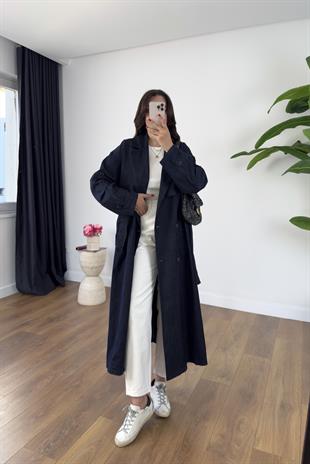 Kohna Lacivert Denim Kuşaklı Premium Trençkot