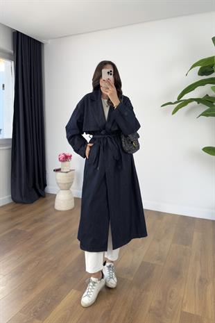 Kohna Lacivert Denim Kuşaklı Premium Trençkot