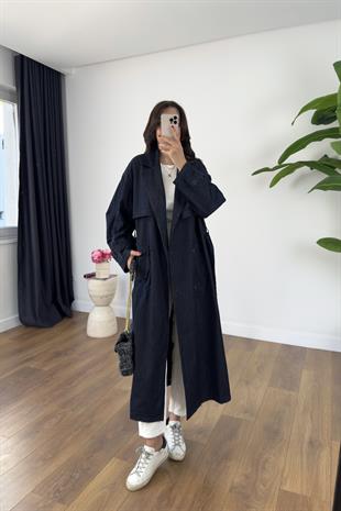 Kohna Lacivert Denim Kuşaklı Premium Trençkot