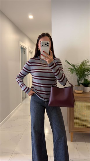 Kolde Gri Bordo Çizgili Uzun Kollu Triko