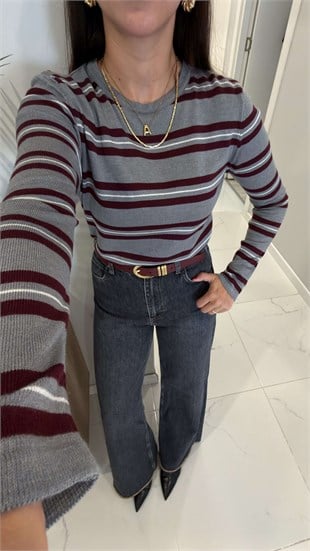 Kolde Gri Bordo Çizgili Uzun Kollu Triko