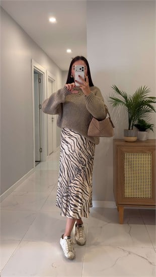Kolres Bej Zebra Desenli Saten Etek