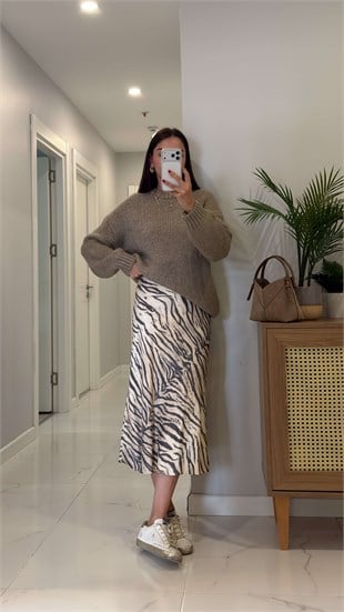 Kolres Bej Zebra Desenli Saten Etek