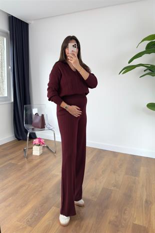 Kolsa Bordo Fitilli Triko Takım