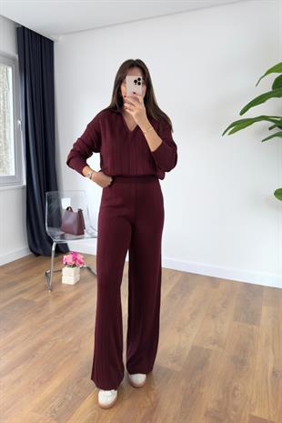 Kolsa Bordo Fitilli Triko Takım