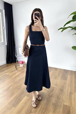 Konka Dark Blue Kemer Detaylı Denim Elbise