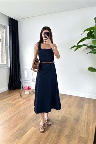 Konka Dark Blue Kemer Detaylı Denim Elbise