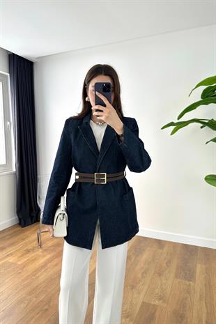 Konna Dark Blue Kemer Detay Vatkalı Ceket